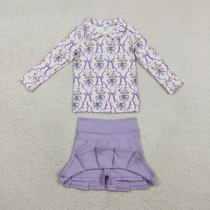 RTS Baby Girls Floral Bows Zipper Shirt Shorts Skirt Skort Yoga Active Purple Clothes Set