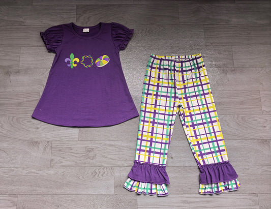 No moq Preorder Baby Girls Kids Embroidery Purple Tops Plaid Pants Mardi Gras Set Clothes