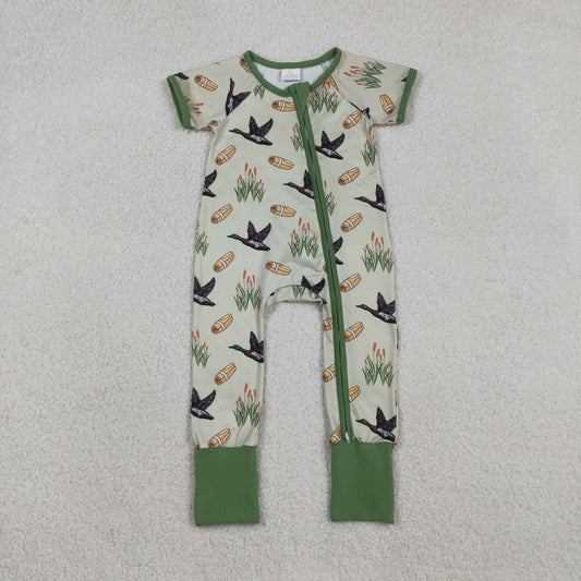Baby Boys Short Sleeves Ducks Green Zipper Sleeper Hunting Romper