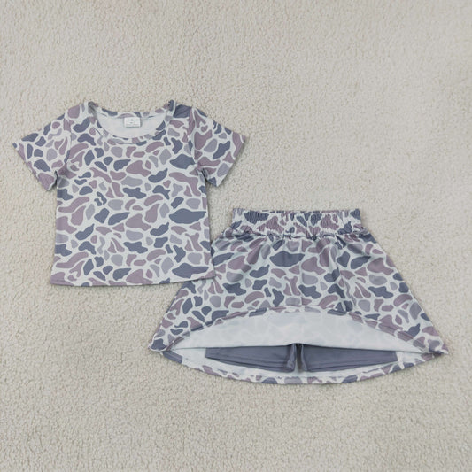 Baby Girl Short Sleeves Grey Camo Shirt Skorts Set Summer Clothes