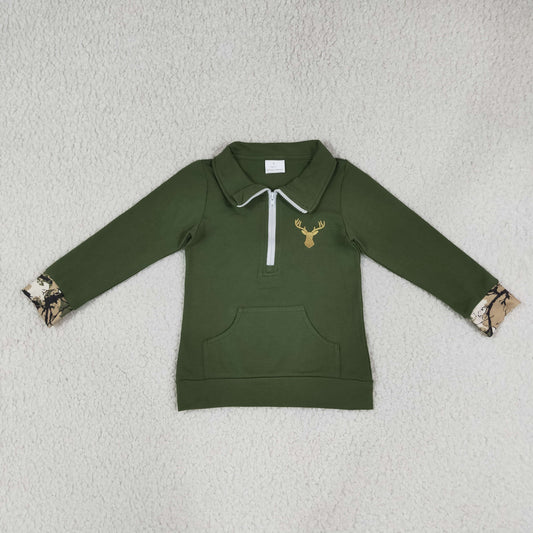 Baby Kids Long Sleeves Embroidery Deer Zipper Pocket Green Shirt Hunting Pullover