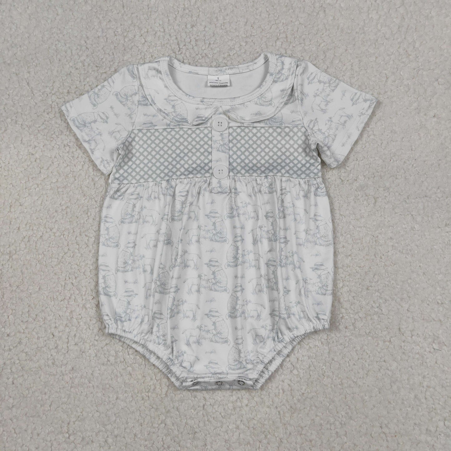 Baby Girls Infant Short Sleeves Goats Plaid Buttons Bubble Romper