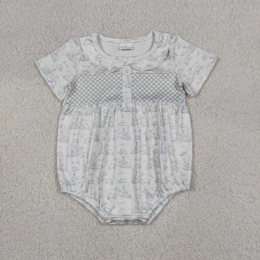 Baby Girls Infant Short Sleeves Goats Plaid Buttons Bubble Romper