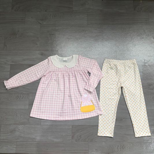 No moq  Preorder Baby Girls Kids Long Sleeves Pink Plaid Bows Candy Tunic Pants Set Halloween Clothes
