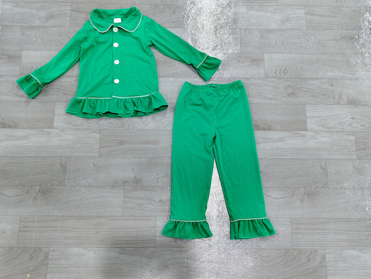 No moq Preorder Baby Girls Kids Buttons Shirt Pants Green Pajamas Christmas Set Clothes