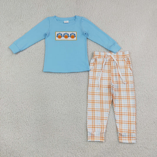 Baby Boy Kids Embroidery Pumpkins turkey Shirt Pockets Plaid Pants Set Fall Clothes