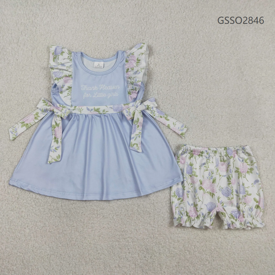 RTS Sibling Baby Girls Kids Thank Heaven Bows Blue Tunic Floral Shorts Set Romper Clothes