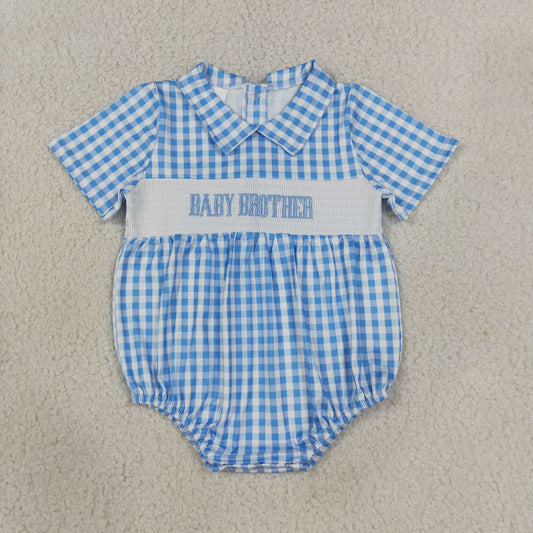 Sibling Baby Boys Girls Toddler Short Sleeves Embroidery Brother Sister Plaid Bubble Rompers