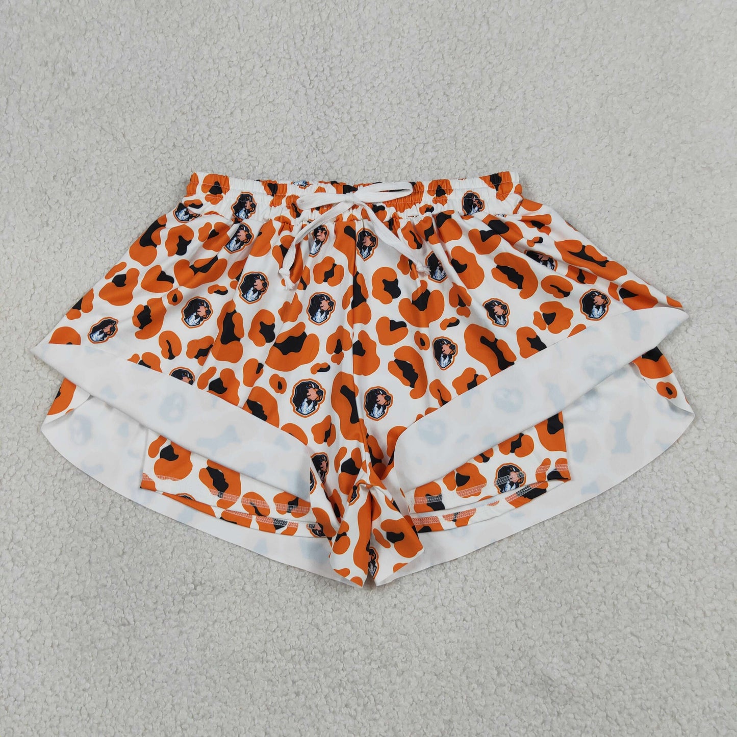 Adult Women Orange Leopard Dogs Team Yoga Active Ruffle Shorts Bottom