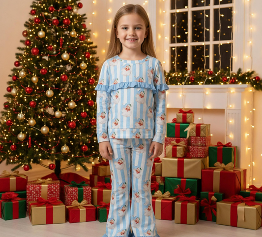 Baby Girls Kids Long Sleeves Christmas Santa Blue Ruffle Shirt Bell Pants Set Clothes