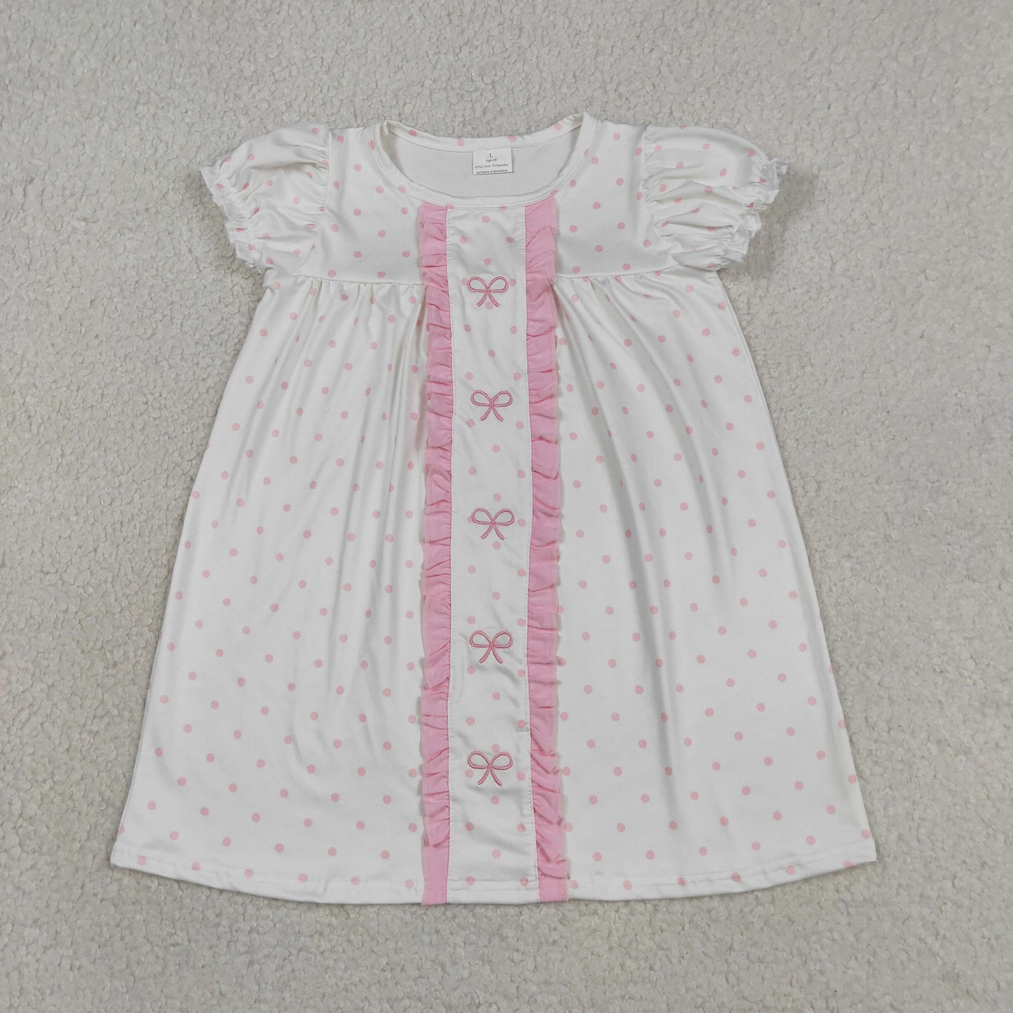 Baby Girls Short Sleeves Embroidery Bows Dots Pink Ruffle Knee Length Dress