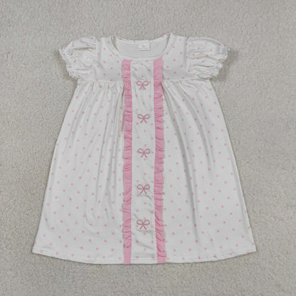 Baby Girls Short Sleeves Embroidery Bows Dots Pink Ruffle Knee Length Dress