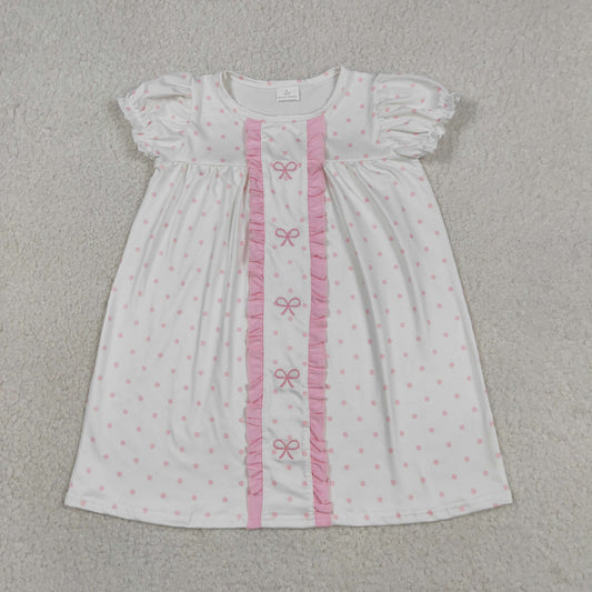 Baby Girls Short Sleeves Embroidery Bows Dots Pink Ruffle Knee Length Dress