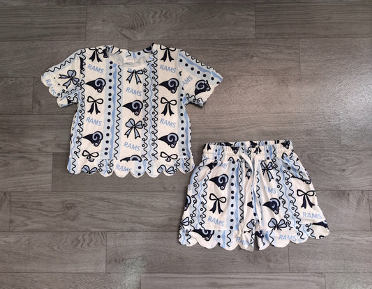 No moq Preorder Baby Girls Kids Short Sleeves Navy Bows Shirt Scallop Shorts Set Team Clothes