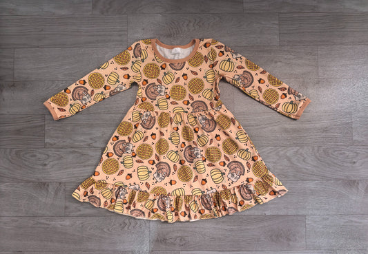 No moq Preorder Baby Girls Kids Long Sleeves Pumpkins turkey Thanksgiving Knee Length  Dress