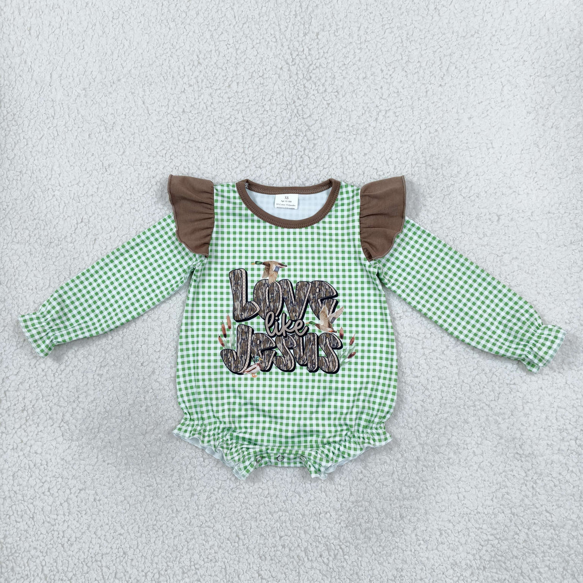 Baby Girl Long Sleeves Ducks Jesus Green Plaid Bubble Romper