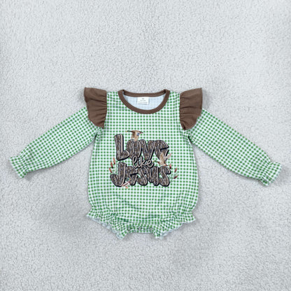 Sibling Baby Kids Toddler Long Sleeves Baby Girl Jesus Green Plaid Bubble Romper Shirt Christmas Clothes