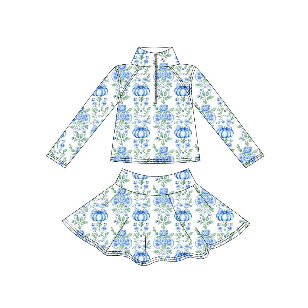 Preorder ( Moq 5 ) Baby Girls Kids Blue Pumpkins Bows Flower Zipper Shirt Skirt Shorts Yoga Active Set Fall Clothes