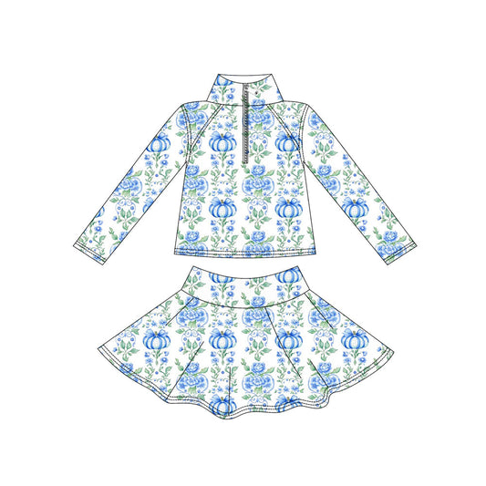 Preorder ( Moq 5 ) Baby Girls Kids Blue Pumpkins Bows Flower Zipper Shirt Skirt Shorts Yoga Active Set Fall Clothes