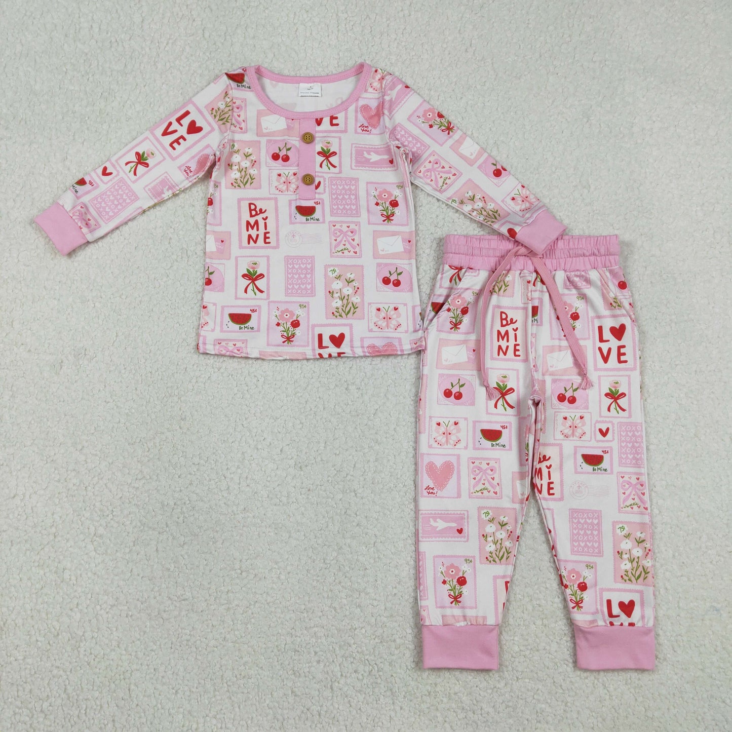 Baby Girl Kids Long Sleeves Flower Hearts Shirt Pockets Pants Valentine's Day Pink Pajamas Set