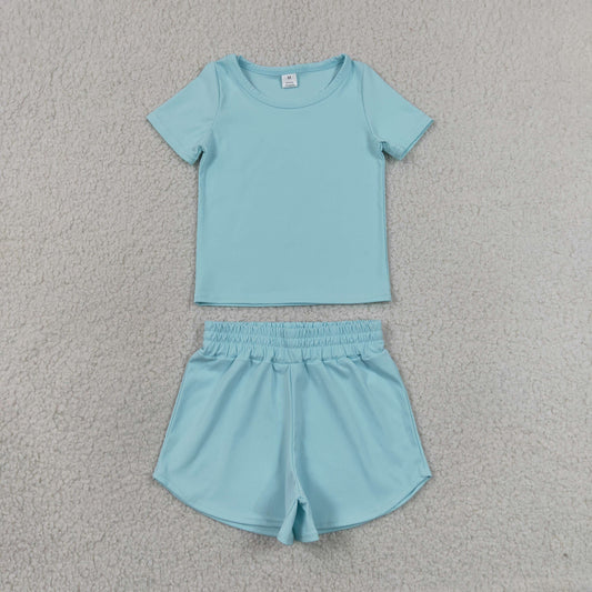 Baby Girls Kids Short Sleeves Light Blue Shirt Skirt Shorts Yoga Active Set Clothes
