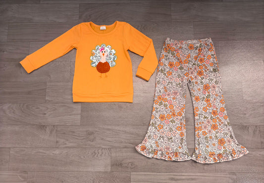 No moq Preorder Baby Girls Kids Embroidery turkey Thanksgiving Shirt Floral Pants Set Clothes