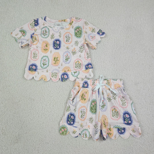 Baby Girl Kids Short Sleeves Flower Shirt Shorts Set Scallop Clothes
