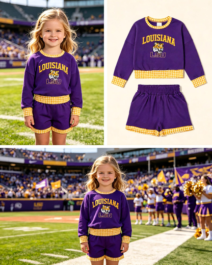 Baby Girls Kids Long Sleeves Purple Shirt Shorts Tiger Cotton Set Team Clothes