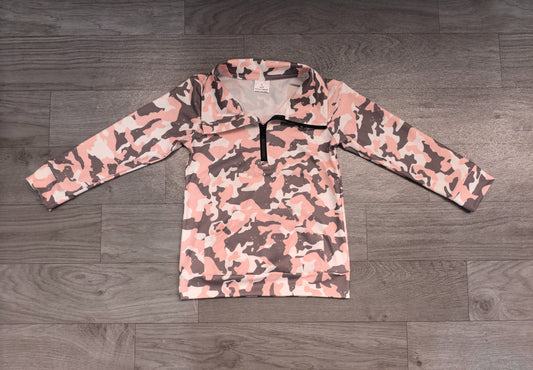 No moq Preorder Baby Girl Long Sleeves Camo Zipper Pocket Pink Yoga Pullover Shirt