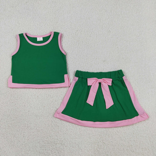 Baby Girls Kids Sleeveless Green Tops Pockets Skirt Shorts Cotton Set