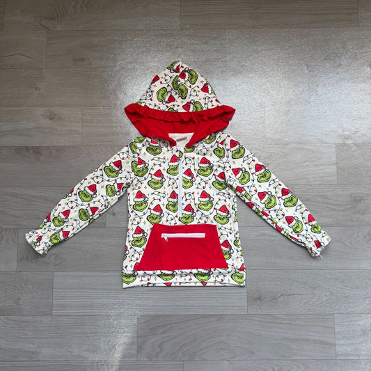 Baby Girl Long Sleeves Green Face Lights Zipper Pocket Hoodie Christmas Shirt