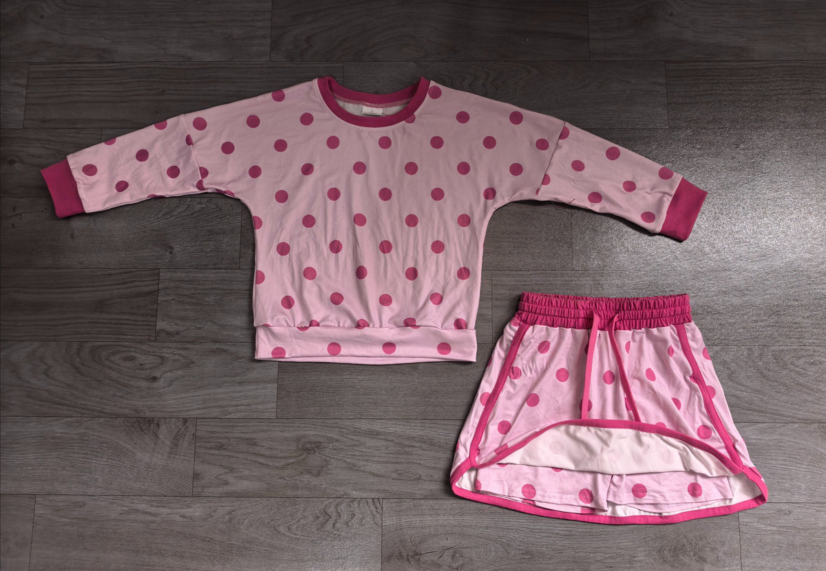 No moq Preorder Baby Girls Kids Long Sleeves Dots Shirt Skirt Shorts Light Pink Set Clothes