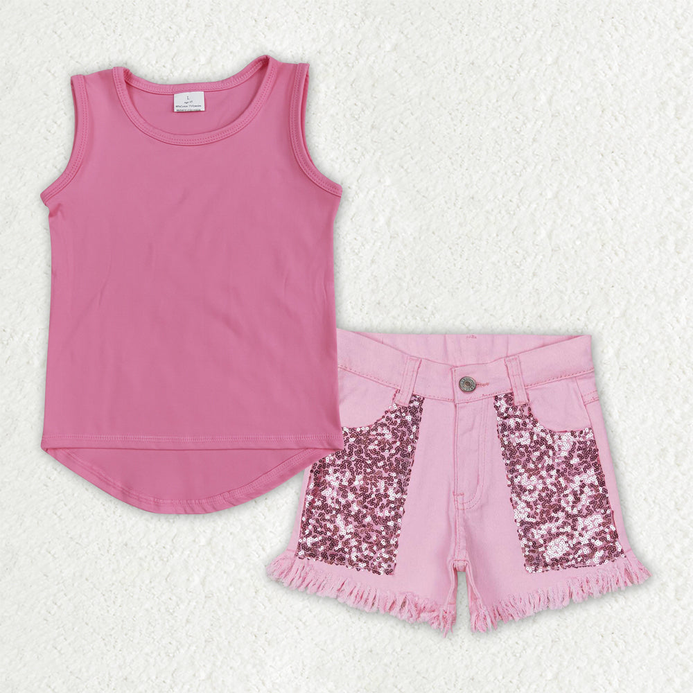 Baby Girls Kids Sleeveless Pink Shirt Sequins Pink Denim Shorts Summer Set