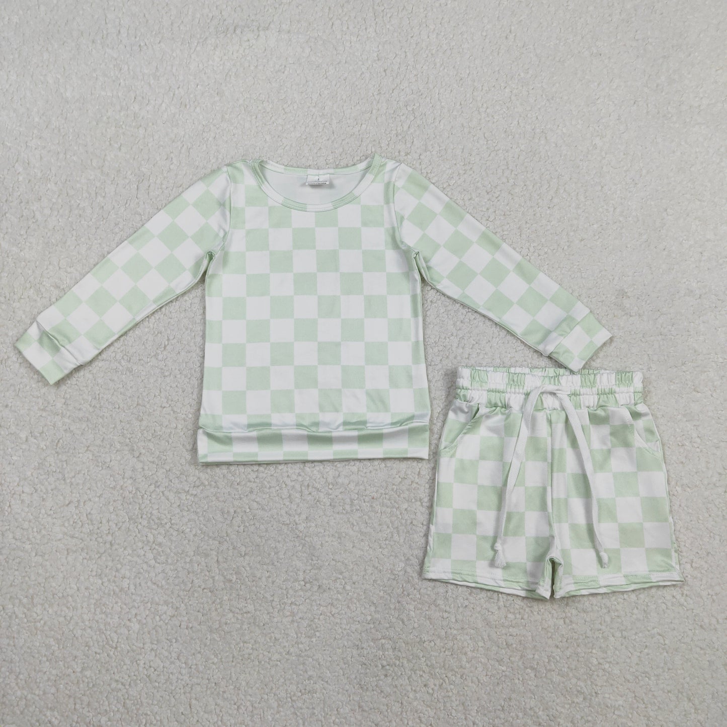 RTS Baby Kids Toddler Long Sleeves Light Green Checked Tops Pockets Shorts Clothes Set