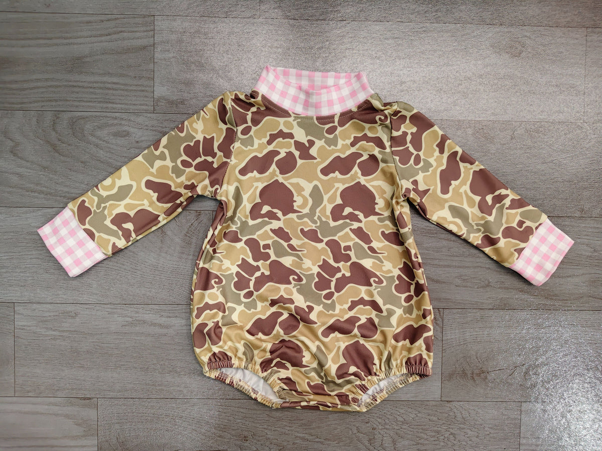 No moq Preorder Baby Girls Infant Pink Plaid Camo Bubble Romper Clothes
