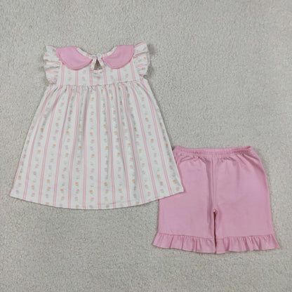 Baby Girls Kids Summer Floral Stripes Tunic Pink Ruffle Shorts Clothes Set