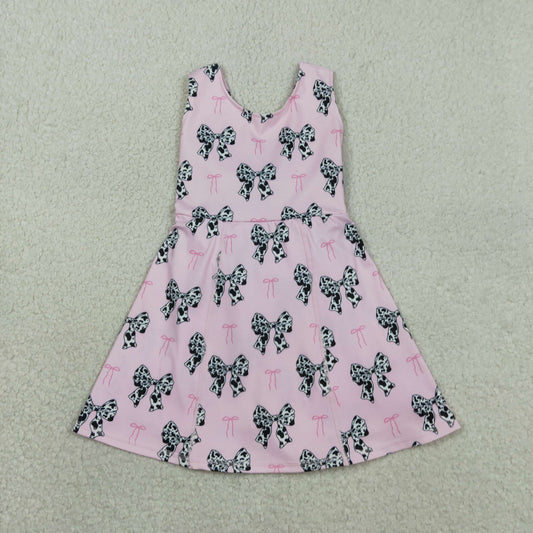 RTS Baby Girls Sleeveless Cow Print Bows Pink Yoga Shorts Knee Length Dress