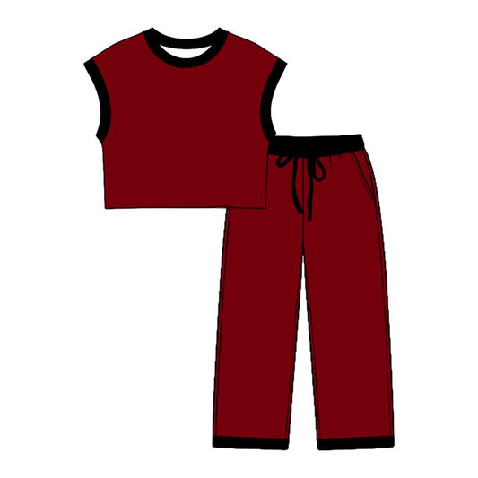 Moq 5 Preorder Baby Girls Kids Black Trim Shirt Tops Pockets Pants Cotton Set Red Clothes
