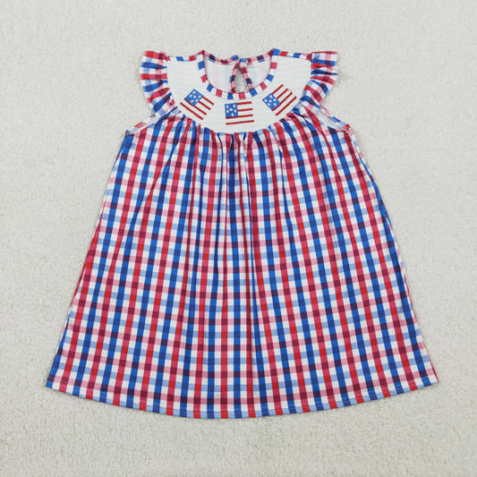 RTS Baby Girls Embroidery Smocked Flags Strips 4th of July Knee length Purple Dress