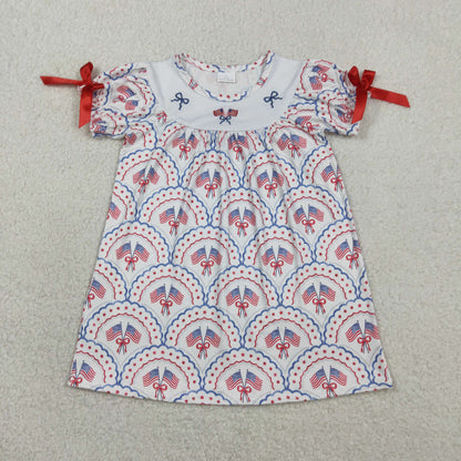 RTS Sibling Baby Girls Kids Flags Bows Stars 4th of July Knee Length Dresses Embroidery Clothes
