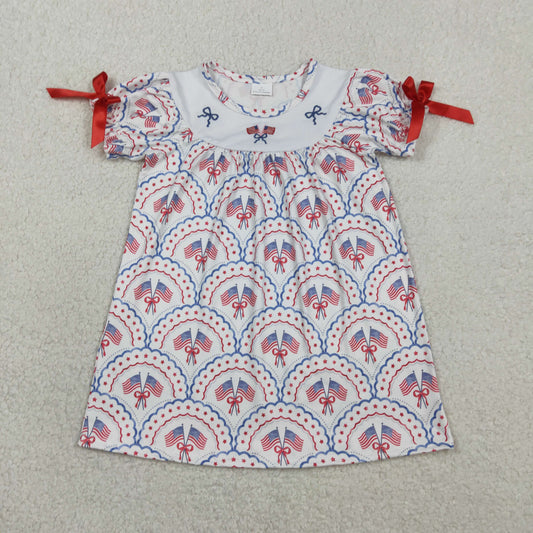 RTS Sibling Baby Girls Kids Flags Bows Stars 4th of July Knee Length Dresses Embroidery Clothes