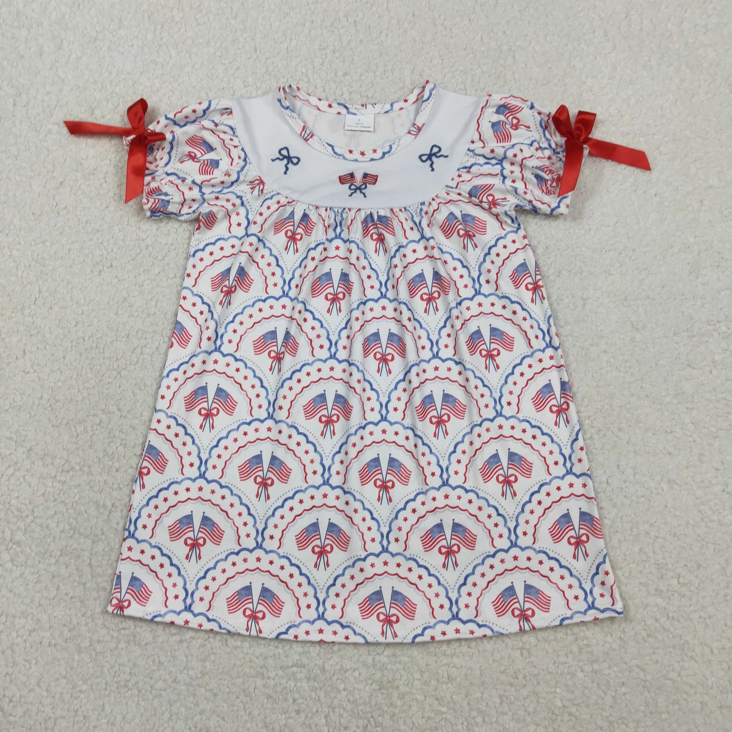 RTS Baby Girls Kids Short Sleeves Embroidery Flags Bows Stars 4th of July Knee Length Dress