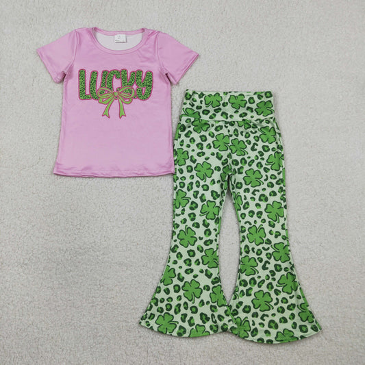 RTS Baby Girls Kids Short Sleeves Bow Shirt Clovers Pants St Patrick Clothes Set