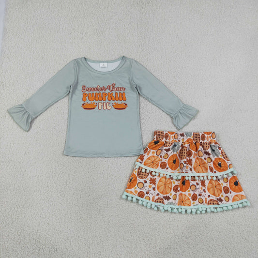 Baby Girls Kids Long Sleeves Pumpkin Pie Tops Skirt Thanksgiving Fall Set