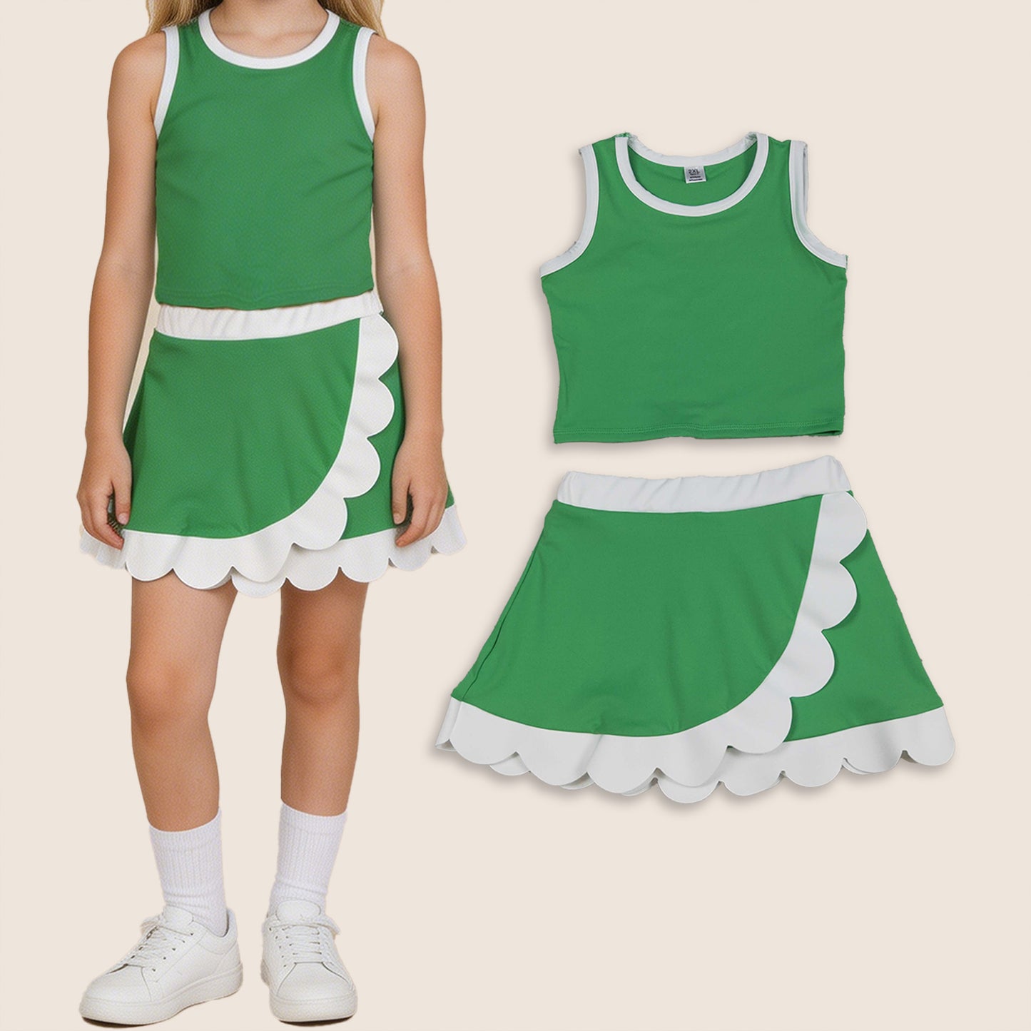 GSD4025 Baby Girls Kids Shirt Scallop Skirt Shorts Yoga Active Green Set Clothes
