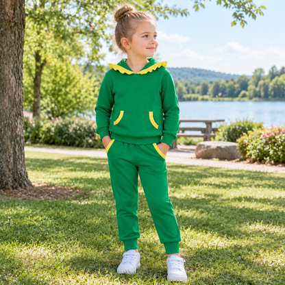 Baby Girls Kids Long Sleeves Yellow Ruffle Hoodie Pullover Pockets Pants Green Set Cotton Clothes