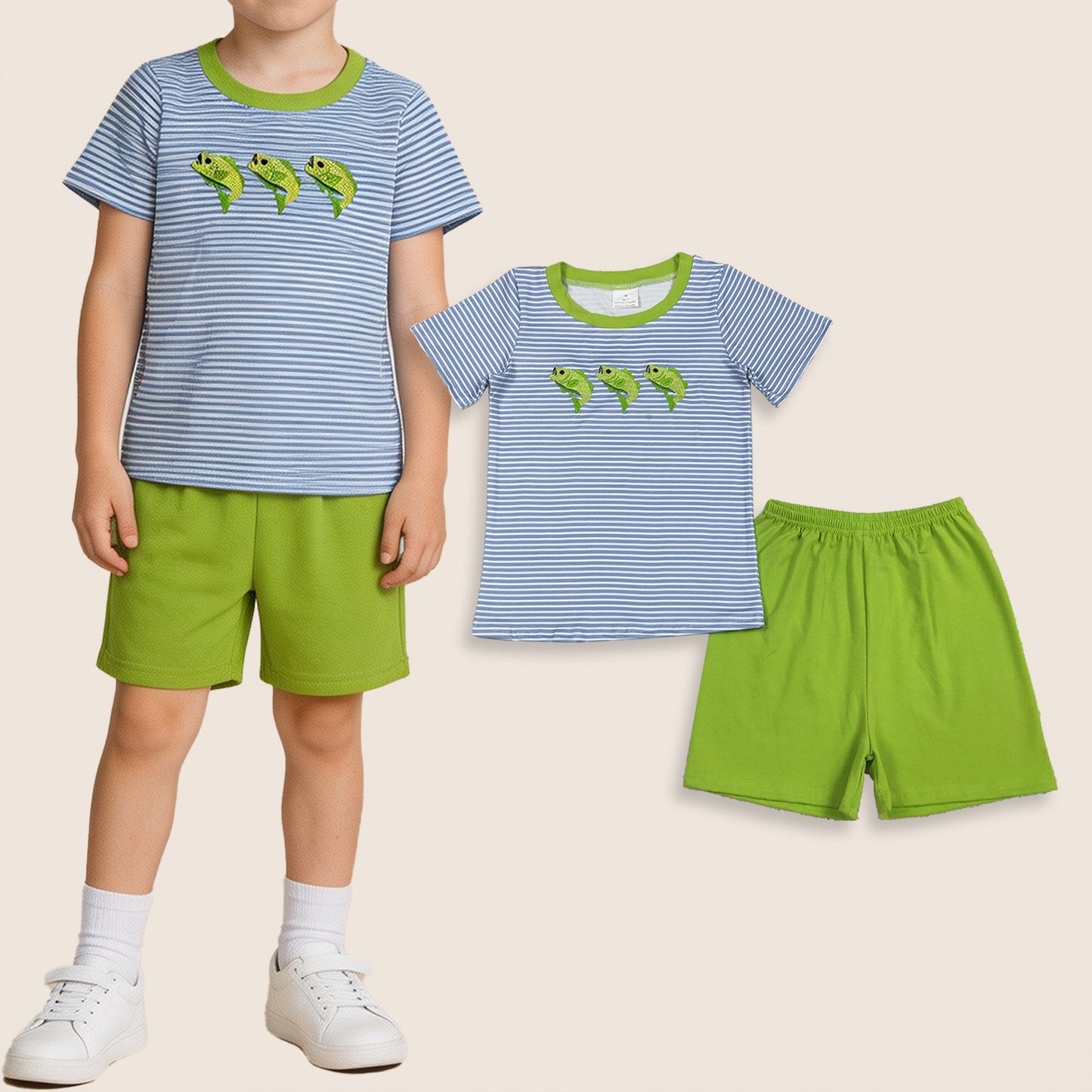 BSSO2001 Baby Boys Kids Short Sleeves Embroidery Fish Stripes Shirt Shorts Set Clothes