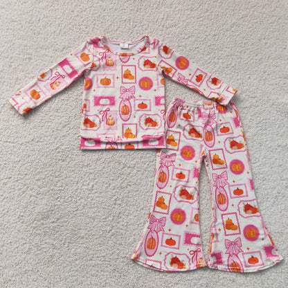 Sibling Baby Girls Kids Long Sleeves Pumpkins Bows Shirts Bell Pants Fall Sets Clothes