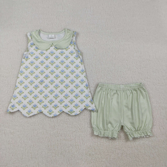 RTS Baby Girl Sleeveless Floral Scallop Tops Green Plaid Shorts Clothes Set
