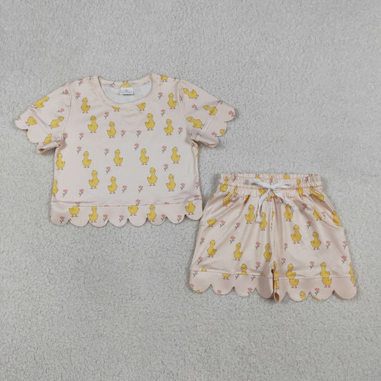 RTS Baby Girls Toddler Short Sleeves Ducks Flower Shirt Scallop Shorts Summer Set